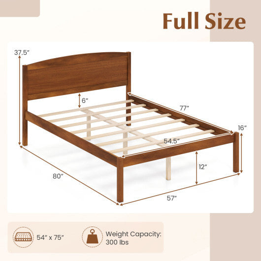 Full Size Wooden Platform Bed Frame with Curved Headboard-Walnut W2B