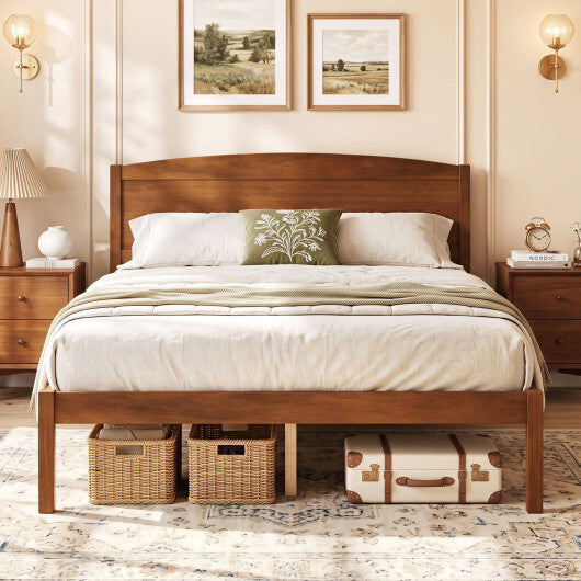 Full Size Wooden Platform Bed Frame with Curved Headboard-Walnut W2B