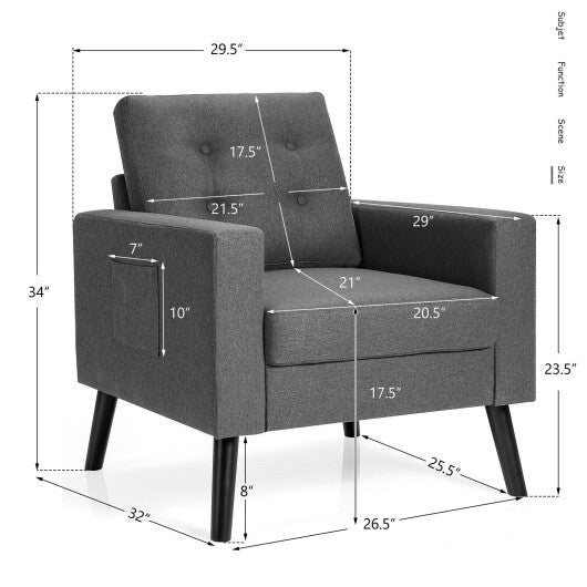 Mid-Century Upholstered Armchair Club Chair with Rubber Wood Legs-Gray - Color: Gray W2B