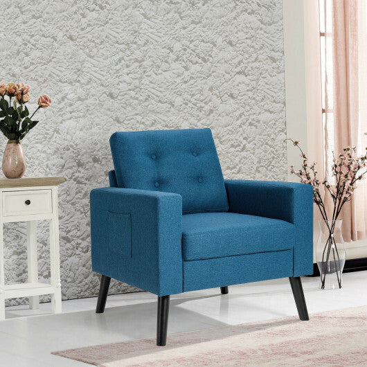 Mid-Century Upholstered Armchair Club Chair with Rubber Wood Legs-Blue - Color: Blue W2B