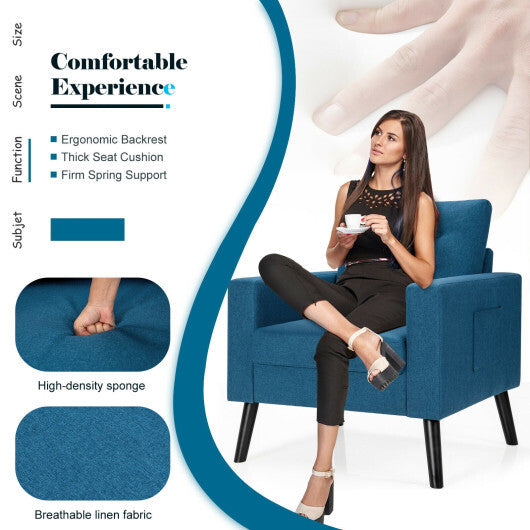 Mid-Century Upholstered Armchair Club Chair with Rubber Wood Legs-Blue - Color: Blue W2B