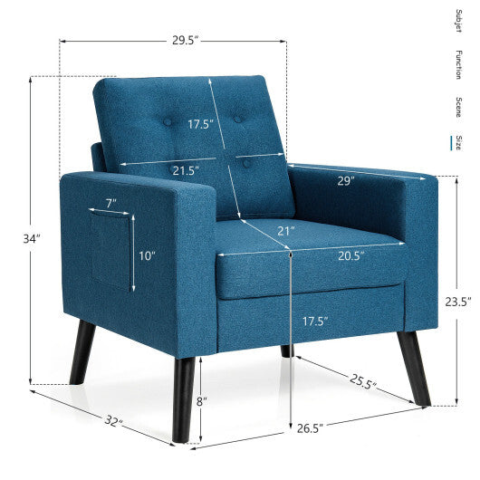 Mid-Century Upholstered Armchair Club Chair with Rubber Wood Legs-Blue - Color: Blue W2B