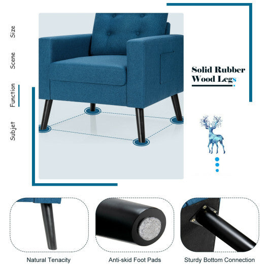 Mid-Century Upholstered Armchair Club Chair with Rubber Wood Legs-Blue - Color: Blue W2B
