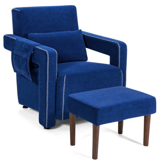 Modern Berber Fleece Single Sofa Chair with Ottoman and Waist Pillow-Blue W2B