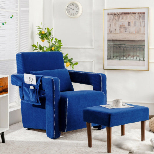 Modern Berber Fleece Single Sofa Chair with Ottoman and Waist Pillow-Blue W2B
