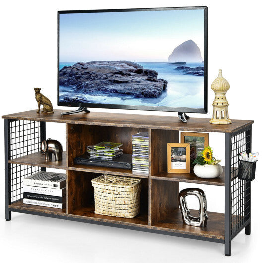 Mid-Century Wooden TV Stand with Storage Basket for TVs up to 65 Inch-Rustic Brown W2B