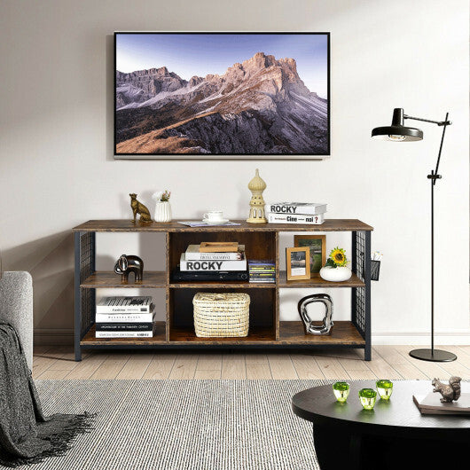 Mid-Century Wooden TV Stand with Storage Basket for TVs up to 65 Inch-Rustic Brown W2B