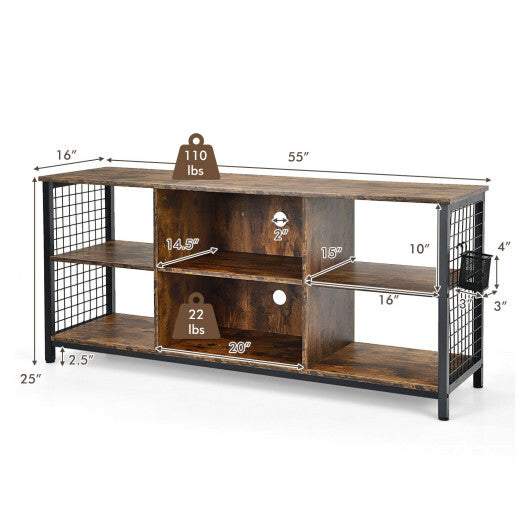 Mid-Century Wooden TV Stand with Storage Basket for TVs up to 65 Inch-Rustic Brown W2B