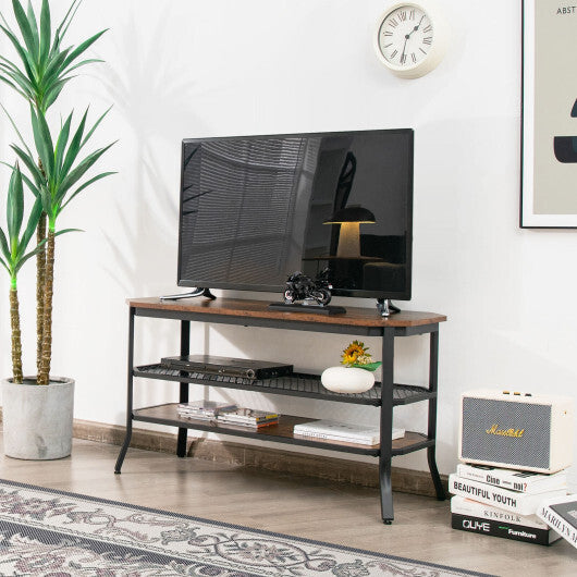 3-tier Console Table TV Stand with Mesh Storage Shelf-Rustic Brown - Color: Rustic Brown W2B