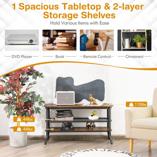 3-tier Console Table TV Stand with Mesh Storage Shelf-Rustic Brown - Color: Rustic Brown W2B