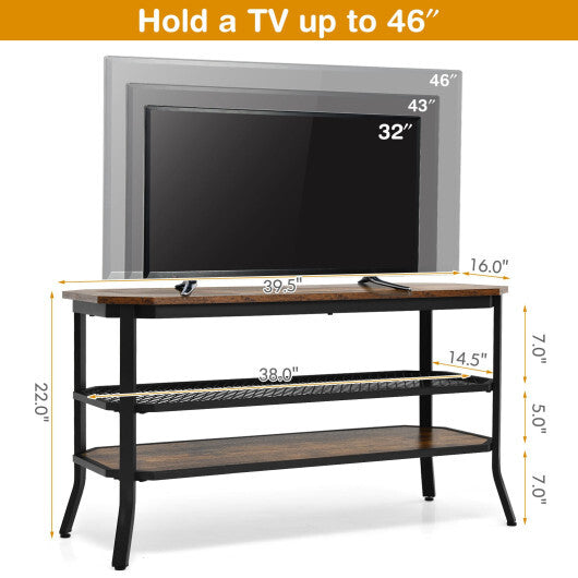 3-tier Console Table TV Stand with Mesh Storage Shelf-Rustic Brown - Color: Rustic Brown W2B