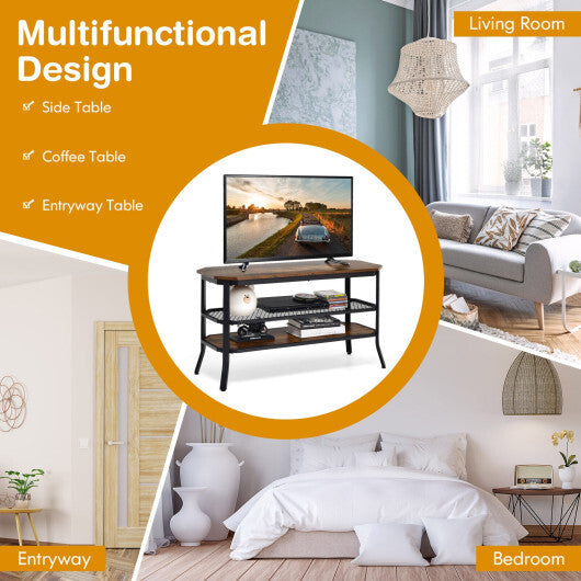 3-tier Console Table TV Stand with Mesh Storage Shelf-Rustic Brown - Color: Rustic Brown W2B