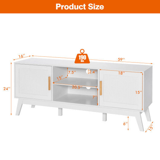 TV Stand Entertainment Media Console with 2 Rattan Cabinets and Open Shelves-White
