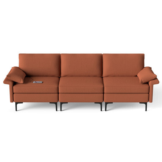 Large 3-Seat Sofa Sectional with Metal Legs and 2 USB Ports for 3-4 people-Green