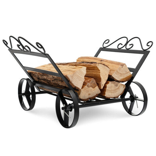 Firewood Rack Decorative Rustproof Steel Fireplace Log Holder with Wheels - Color: Black W2B