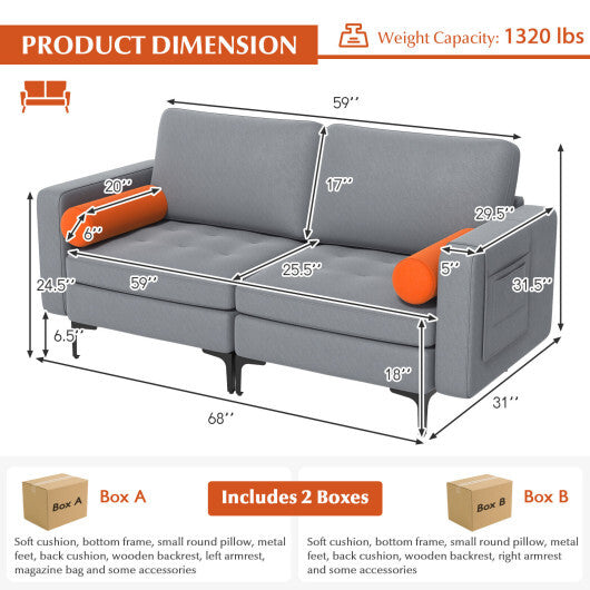 Modular 1/2/3/4-Seat L-Shaped Sectional Sofa Couch with Socket USB Port-2-Seat