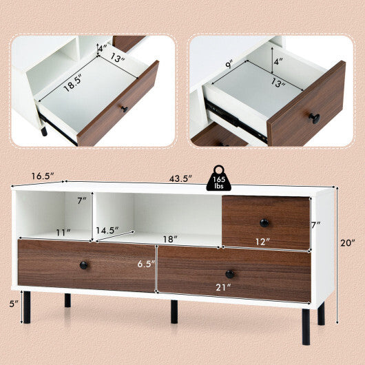 Mid-Century TV Stand for 50-inch TVs with 2 Cubbies and 3 Drawers W2B