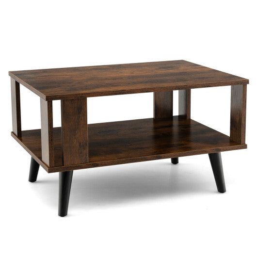 Compact Retro Mid-Century Coffee Table with Storage Open Shelf-Rustic Brown W2B