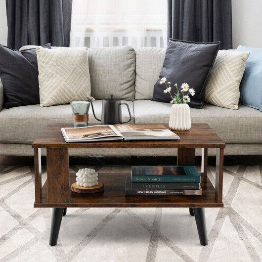 Compact Retro Mid-Century Coffee Table with Storage Open Shelf-Rustic Brown W2B