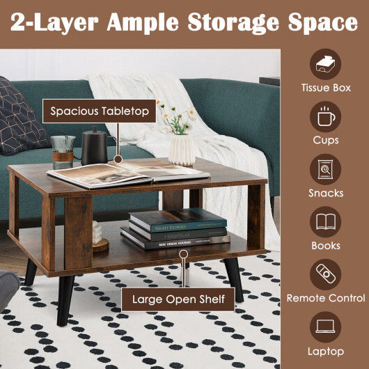 Compact Retro Mid-Century Coffee Table with Storage Open Shelf-Rustic Brown W2B