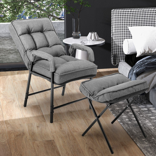 Linen Fabric Modern Accent Chair with Ottoman and Adjustable Backrest-Beige W2B