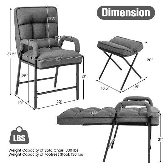 Linen Fabric Modern Accent Chair with Ottoman and Adjustable Backrest-Beige W2B