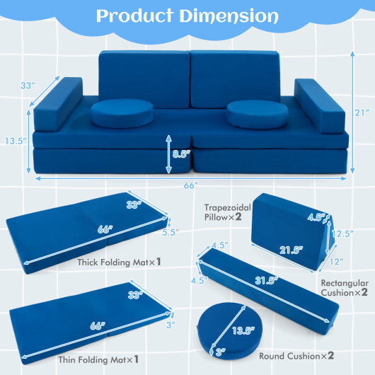 10-Piece Kids Play Couch Sofa with Portable Handle-Gray W2B