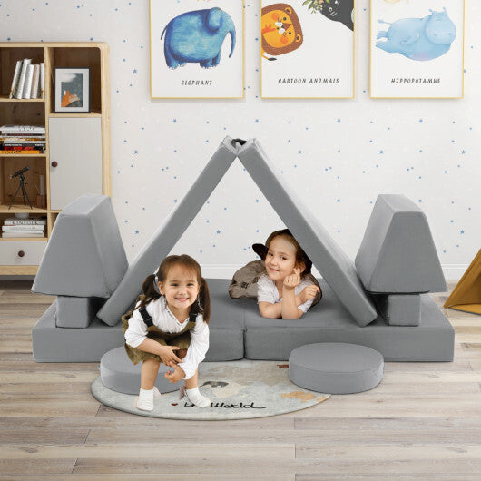 10-Piece Kids Play Couch Sofa with Portable Handle-Gray W2B