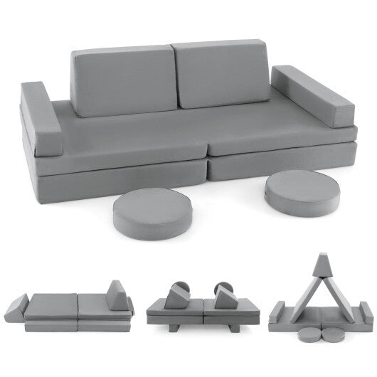 10-Piece Kids Play Couch Sofa with Portable Handle-Gray W2B