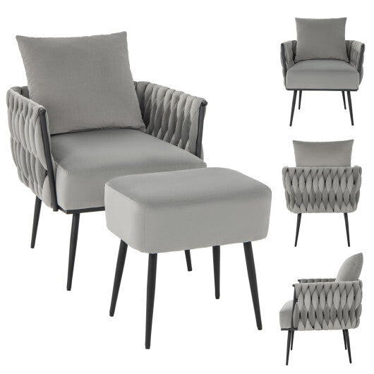 Modern Dutch Velvet Accent Chair and Ottoman Set with Weaved Back and Arms-White