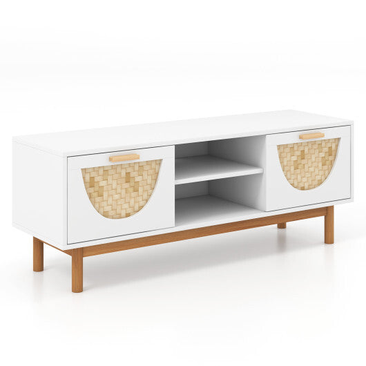 Mid Century Modern TV Stand Entertainment Center for 55-Inch TV with 2 Drawers and Bamboo Woven Fronts-White W2B