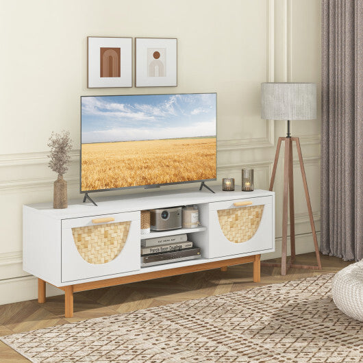 Mid Century Modern TV Stand Entertainment Center for 55-Inch TV with 2 Drawers and Bamboo Woven Fronts-White W2B