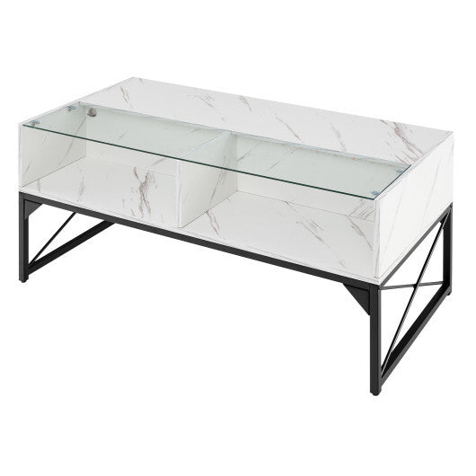 Center Table with Faux Marble and Tempered Glass Top-White W2B