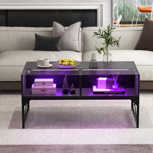 Center Table with Faux Marble and Tempered Glass Top-White W2B
