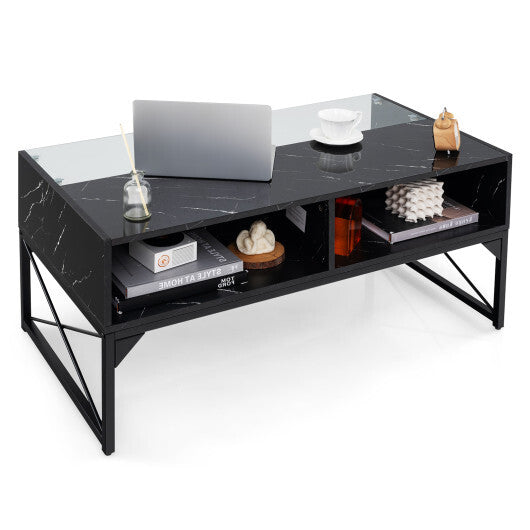 Center Table with Faux Marble and Tempered Glass Top-White W2B
