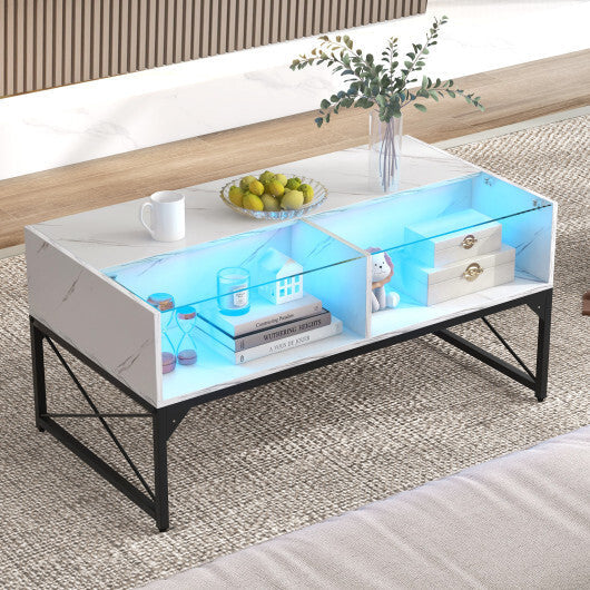Center Table with Faux Marble and Tempered Glass Top-White W2B