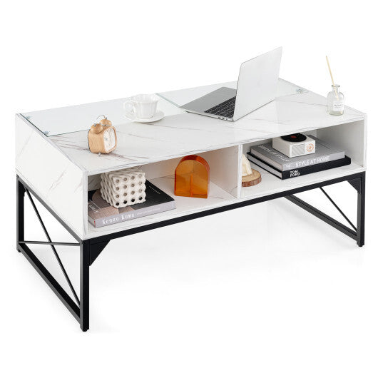 Center Table with Faux Marble and Tempered Glass Top-White W2B
