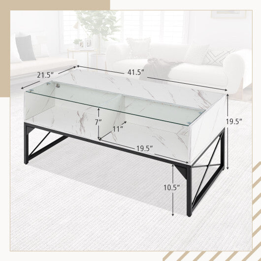 Center Table with Faux Marble and Tempered Glass Top-White W2B