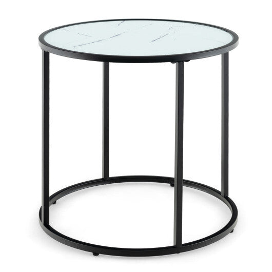 20" Glass End Table with Metal Frame and Faux Marble Glass Top-Black & White
