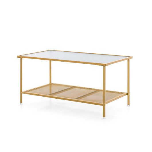 2-Tier Coffee Table with Shelf Center Tea Table with Tempered Glass Top-Golden W2B