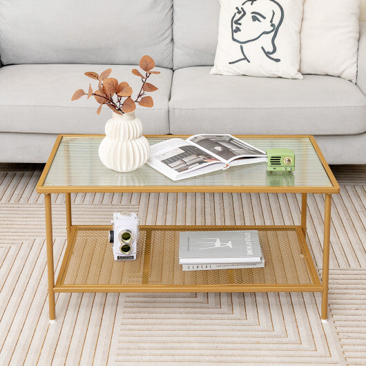 2-Tier Coffee Table with Shelf Center Tea Table with Tempered Glass Top-Golden W2B