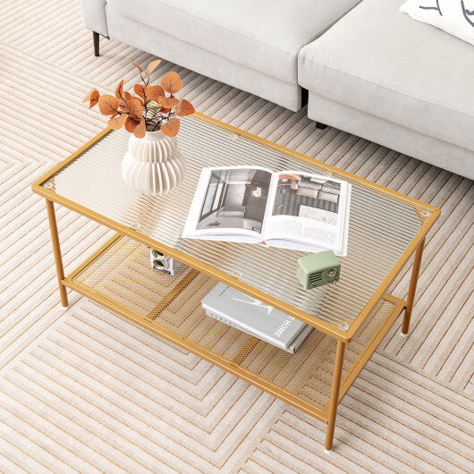 2-Tier Coffee Table with Shelf Center Tea Table with Tempered Glass Top-Golden W2B