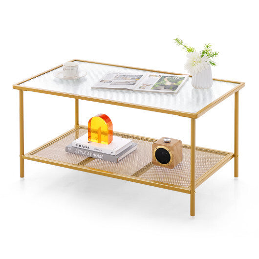 2-Tier Coffee Table with Shelf Center Tea Table with Tempered Glass Top-Golden W2B