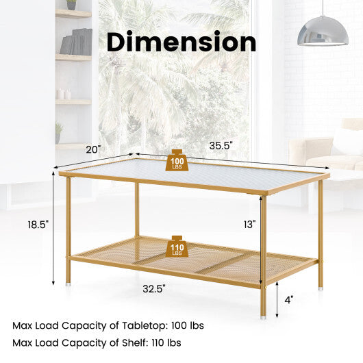 2-Tier Coffee Table with Shelf Center Tea Table with Tempered Glass Top-Golden W2B