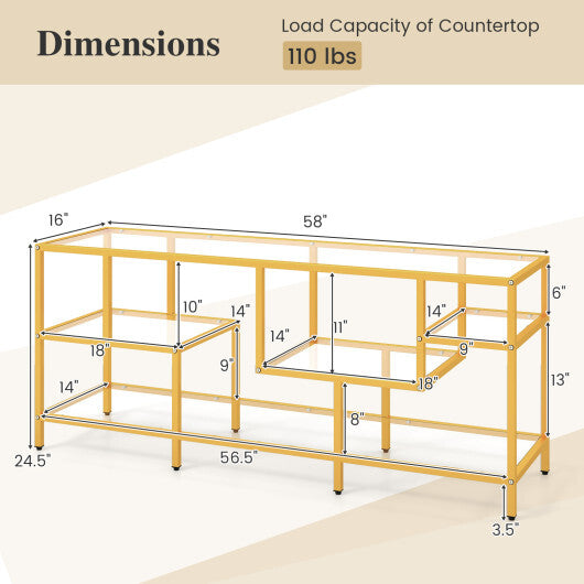 58 Inch TV Console Table with Tempered Glass Shelves for Living Room-Gold W2B