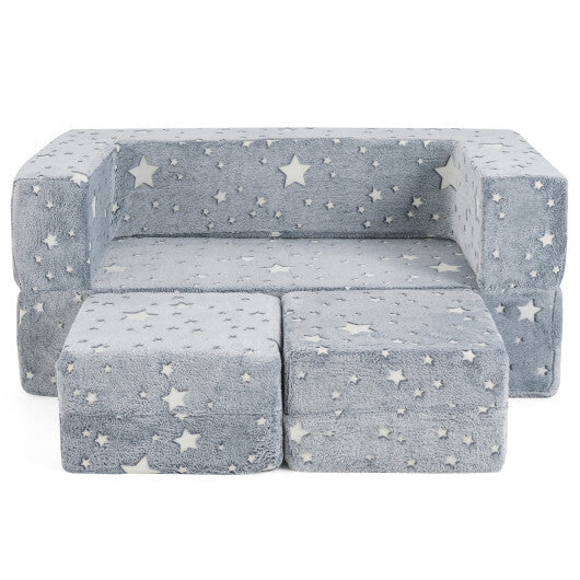 2 Seater Kids Play Couch with Removable and Machine Washable Flannel Cover-Gray W2B