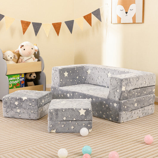 2 Seater Kids Play Couch with Removable and Machine Washable Flannel Cover-Gray W2B
