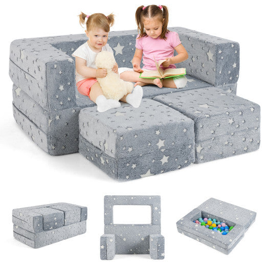 2 Seater Kids Play Couch with Removable and Machine Washable Flannel Cover-Gray W2B