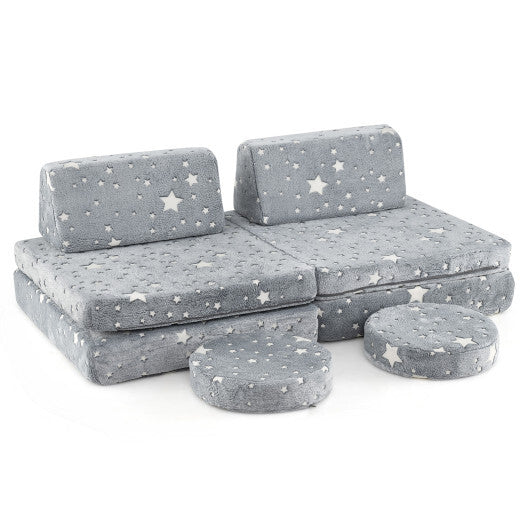 Modular Kids Play Couch Set Glow in the Dark with Portable Handles-Gray