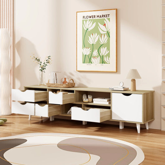 TV Stand for TVs up to 65" Television Cabinet?w/ 5 Drawers & 3 Open Shelves-Oak